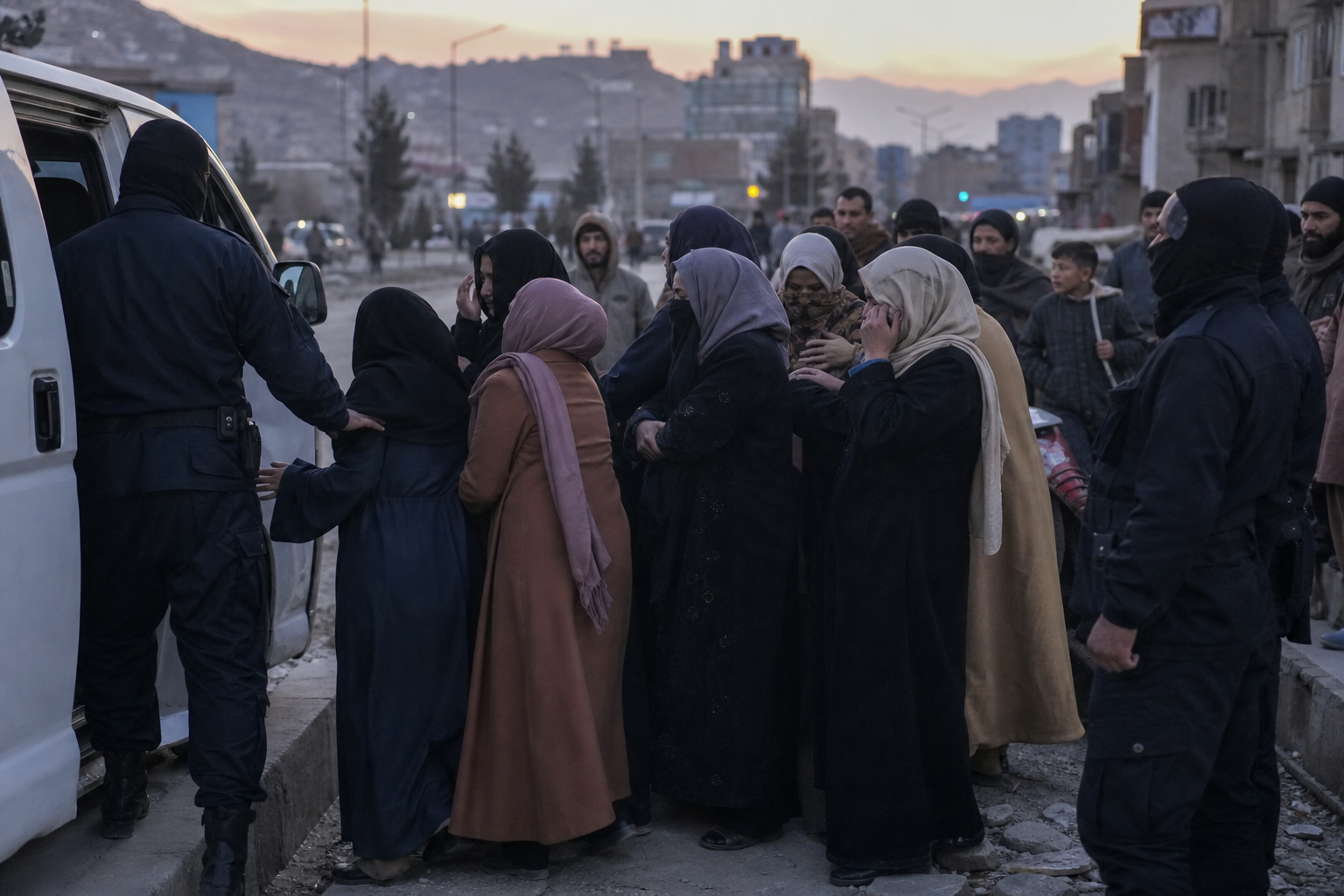 Women in head coverings gather beside a white van as uniformed officers assist them in an urban street
