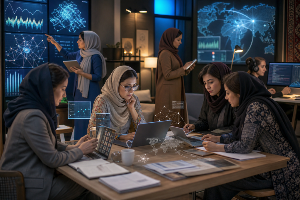 Women in hijabs collaborate around a table with laptops and documents while analyzing data visualizations on screens