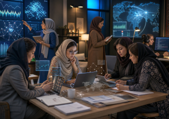 Women in hijabs collaborate around a table with laptops and documents while analyzing data visualizations on screens