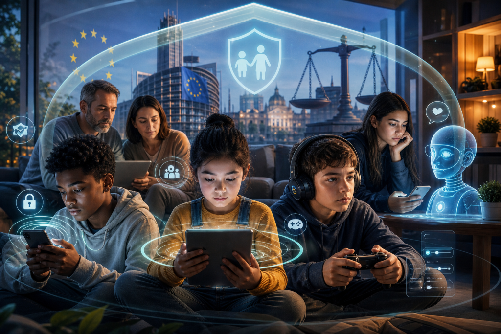 Young people use phones, tablets, and a game controller beneath symbols of privacy, security, law, and artificial intelligence