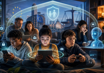 Young people use phones, tablets, and a game controller beneath symbols of privacy, security, law, and artificial intelligence