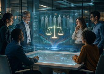 A team examines a holographic display of people, data streams, and balanced scales symbolizing fair AI decision-making