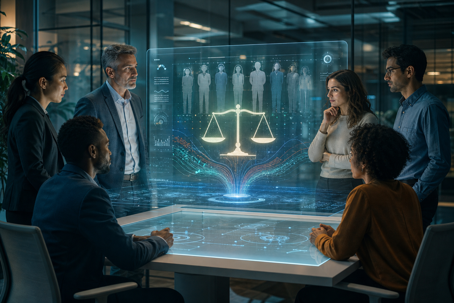 A team examines a holographic display of people, data streams, and balanced scales symbolizing fair AI decision-making