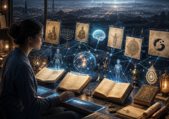 A woman studies ancient books beneath a holographic cosmic network linking spiritual symbols and human knowledge