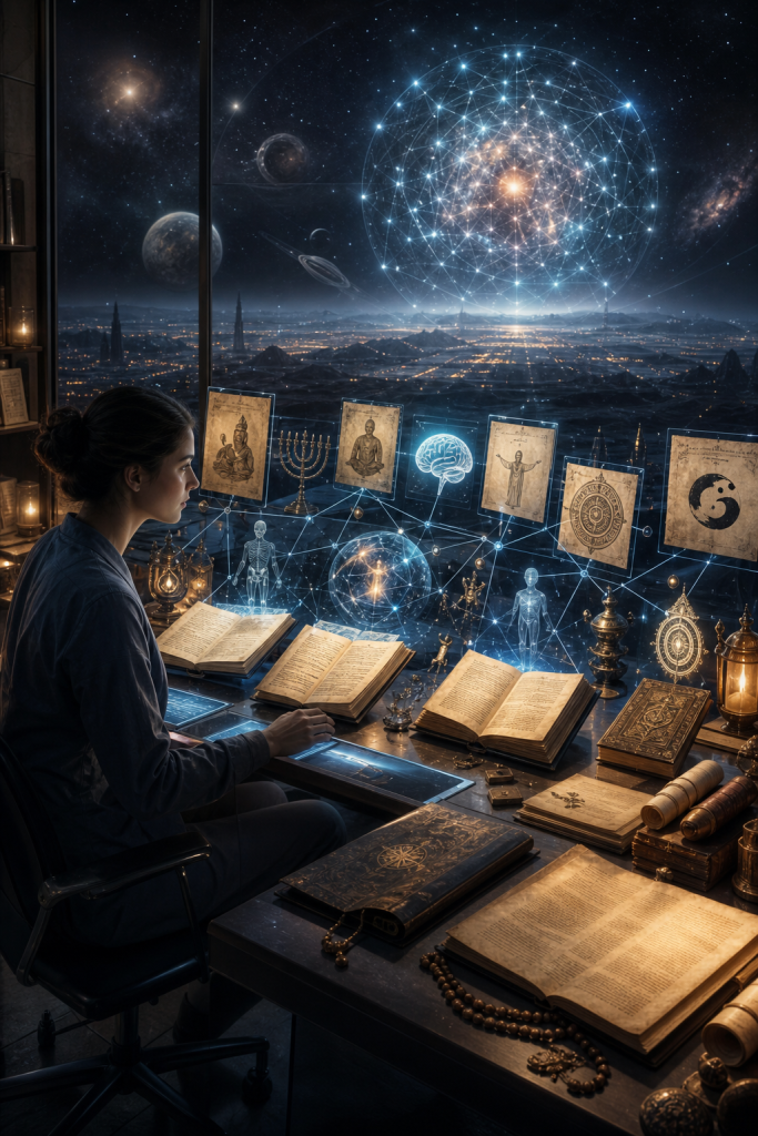 A woman studies ancient books beneath a holographic cosmic network linking spiritual symbols and human knowledge