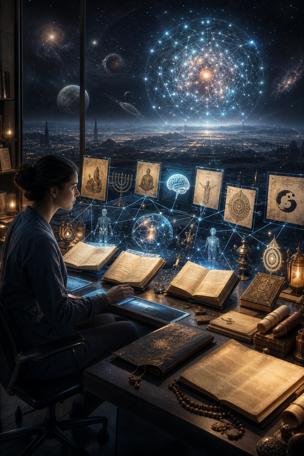 A woman studies ancient books beneath a holographic cosmic network linking spiritual symbols and human knowledge