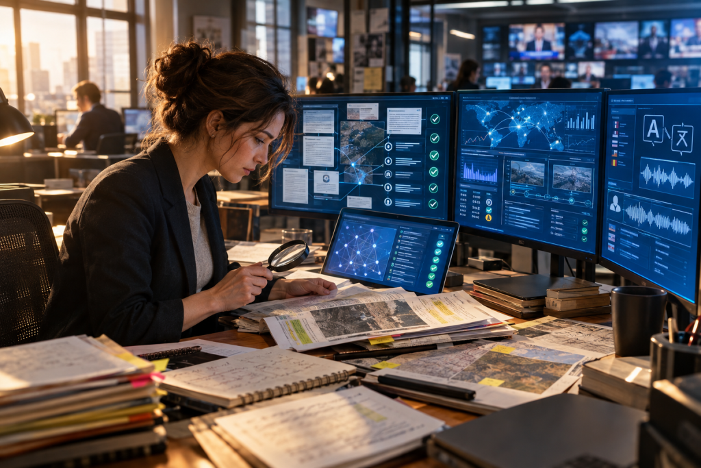 Analyst examines documents with a magnifying glass while monitoring maps, charts, and data on multiple screens