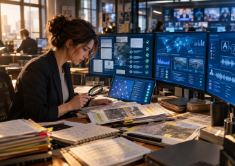 Analyst examines documents with a magnifying glass while monitoring maps, charts, and data on multiple screens
