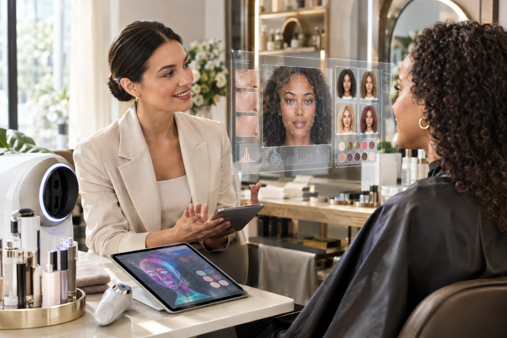 Beauty consultant shows a client facial analysis and makeup recommendations on digital displays
