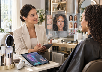 Beauty consultant shows a client facial analysis and makeup recommendations on digital displays