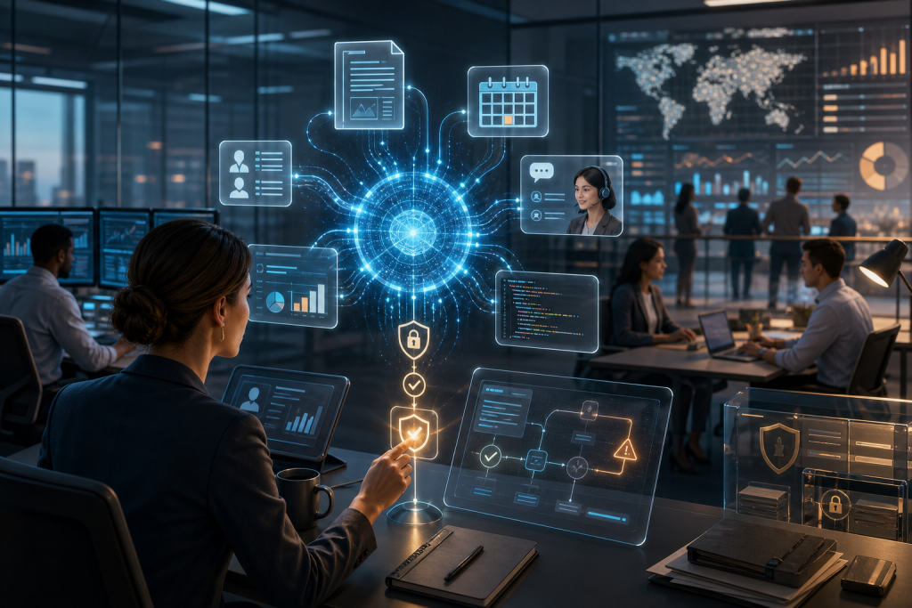 Business team in a high-tech office using digital dashboards with analytics, workflow, and cybersecurity icons