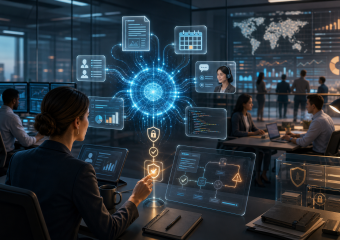 Business team in a high-tech office using digital dashboards with analytics, workflow, and cybersecurity icons