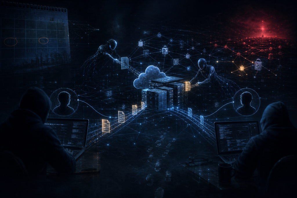 Conceptual illustration of cybersecurity, with hooded figures connecting cloud servers, data files, and computers across a digital network