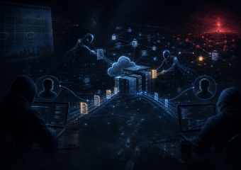 Conceptual illustration of cybersecurity, with hooded figures connecting cloud servers, data files, and computers across a digital network