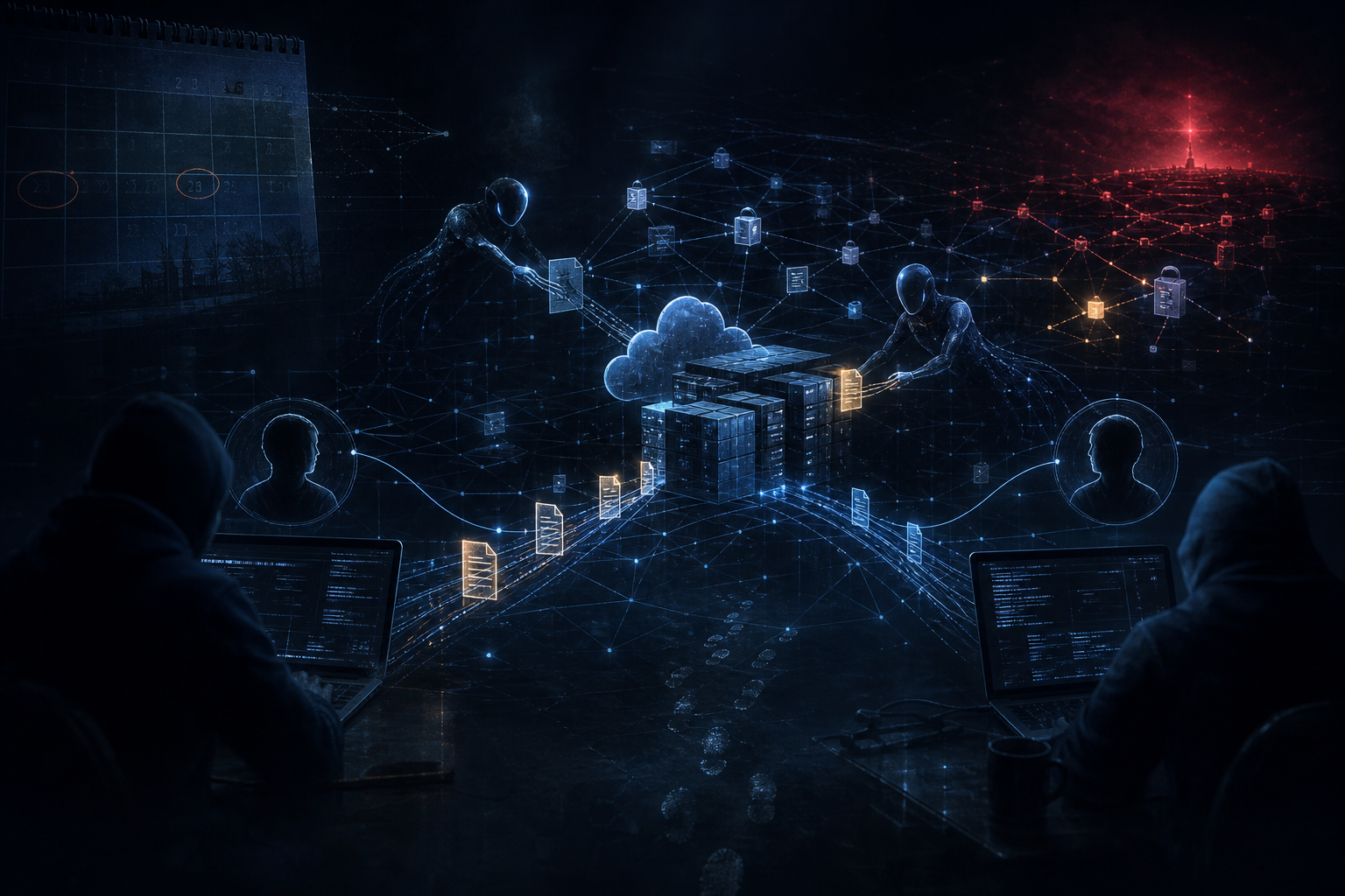 Conceptual illustration of cybersecurity, with hooded figures connecting cloud servers, data files, and computers across a digital network