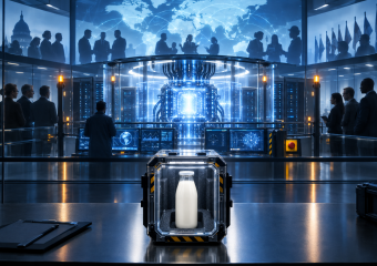 Create a sophisticated editorial-style conceptual image about the global debate over AI safety: a powerful glowing artificial-intelligence core inside a modern data center, surrounded by transparent protective barriers, monitoring dashboards without readable text, emergency shutdown controls, warning lights, and independent auditors observing from behind glass. In the foreground, place a simple unbranded milk bottle secured inside a clearly labeled-looking but text-free safety inspection case, visually contrasting the heavily regulated everyday product with the less-regulated AI system. Subtle silhouettes of governments, technology engineers, and international observers appear around a world map projected in the background, suggesting global cooperation and accountability. Moody blue and white lighting with restrained amber warning highlights, realistic materials, cinematic composition, high-end magazine illustration, thoughtful and serious tone, no logos, no captions, no readable text, no branding.