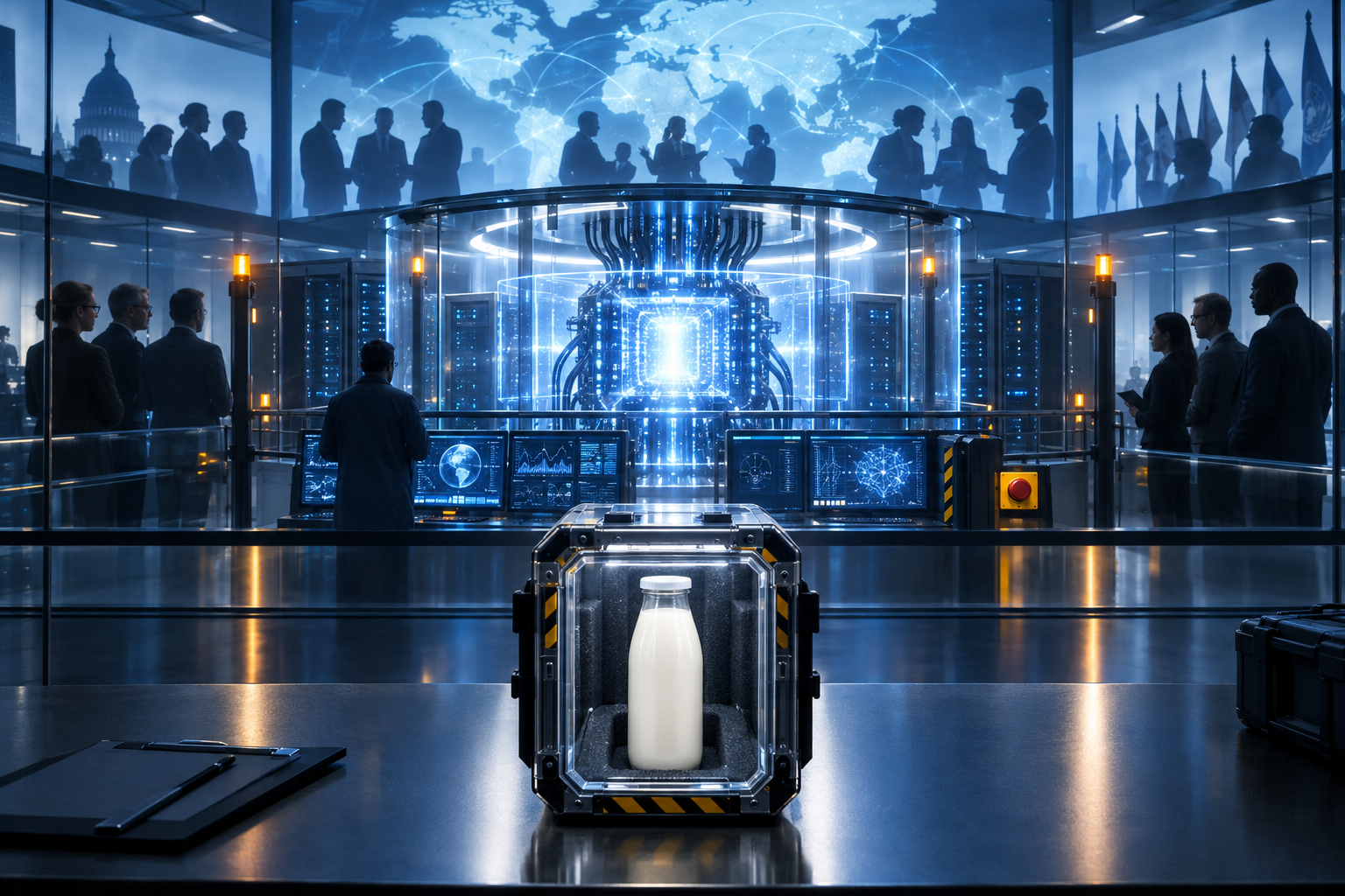 Create a sophisticated editorial-style conceptual image about the global debate over AI safety: a powerful glowing artificial-intelligence core inside a modern data center, surrounded by transparent protective barriers, monitoring dashboards without readable text, emergency shutdown controls, warning lights, and independent auditors observing from behind glass. In the foreground, place a simple unbranded milk bottle secured inside a clearly labeled-looking but text-free safety inspection case, visually contrasting the heavily regulated everyday product with the less-regulated AI system. Subtle silhouettes of governments, technology engineers, and international observers appear around a world map projected in the background, suggesting global cooperation and accountability. Moody blue and white lighting with restrained amber warning highlights, realistic materials, cinematic composition, high-end magazine illustration, thoughtful and serious tone, no logos, no captions, no readable text, no branding.