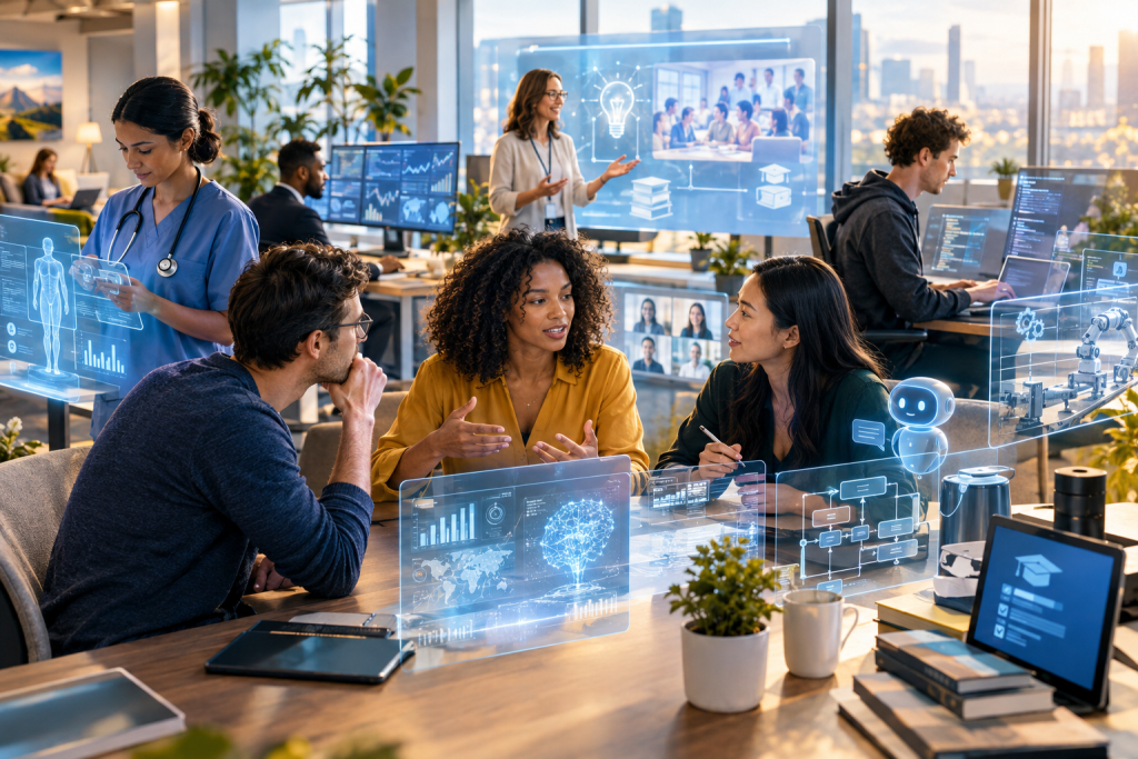 Diverse team collaborating in a high-tech office with holographic displays showing healthcare, data, AI, and robotics
