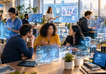 Diverse team collaborating in a high-tech office with holographic displays showing healthcare, data, AI, and robotics