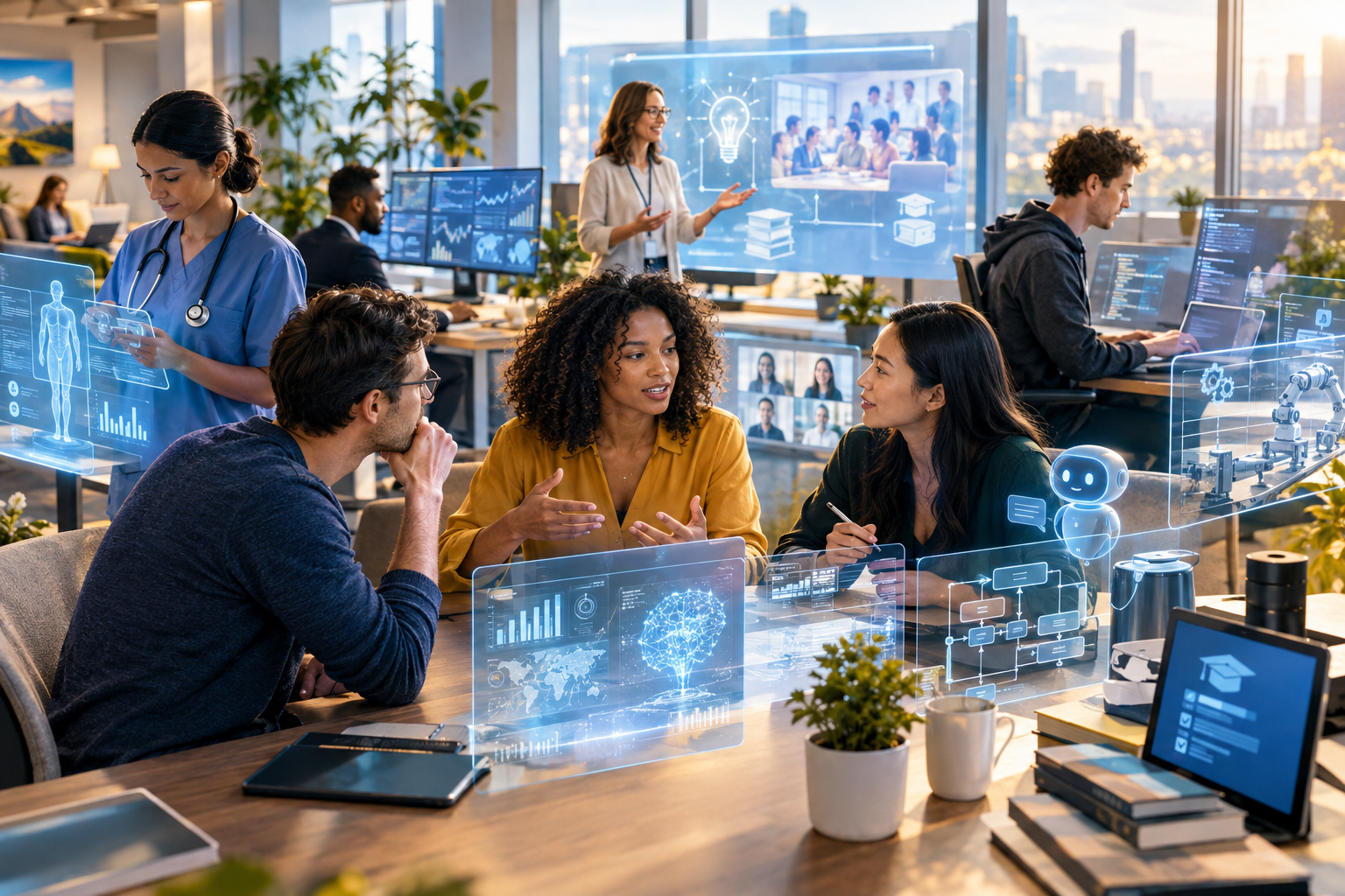 Diverse team collaborating in a high-tech office with holographic displays showing healthcare, data, AI, and robotics