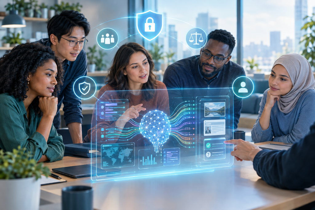 Diverse team reviewing a holographic data dashboard with AI, cybersecurity, privacy, and compliance icons