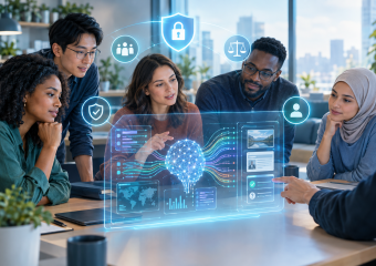 Diverse team reviewing a holographic data dashboard with AI, cybersecurity, privacy, and compliance icons