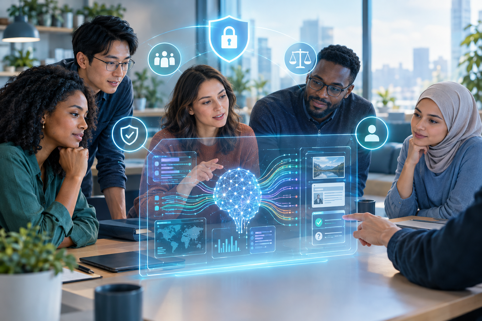 Diverse team reviewing a holographic data dashboard with AI, cybersecurity, privacy, and compliance icons