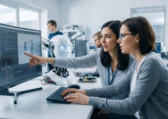 ai, robot, technology, coding, laboratory, development, women, engineering, collaboration, future, innovation, software, research, science, tech, workplace, machine, human, screen, data, ai generated