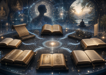 Open ancient books arranged around a glowing cosmic diagram, with a meditating figure and mountain landscape in the background