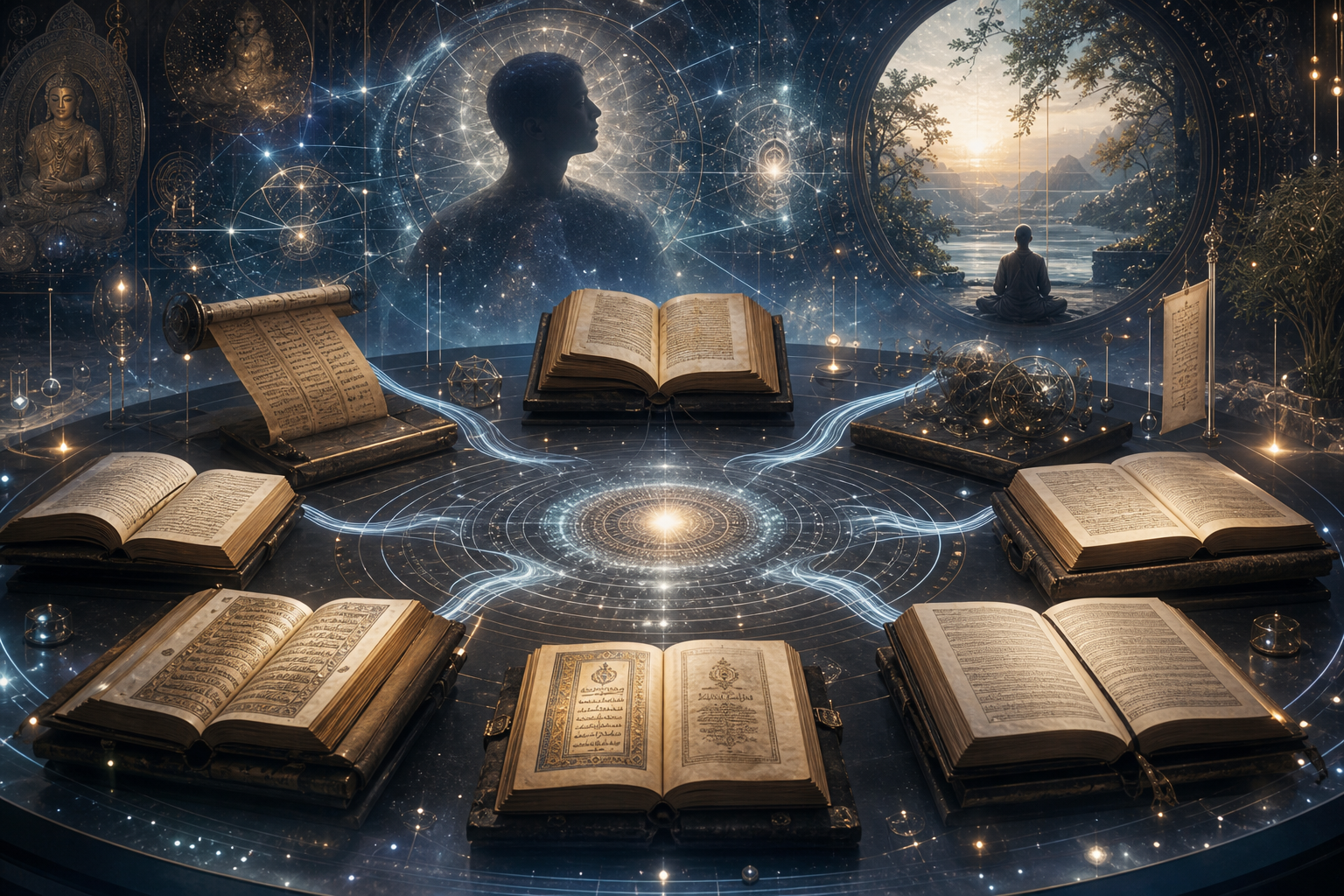 Open ancient books arranged around a glowing cosmic diagram, with a meditating figure and mountain landscape in the background