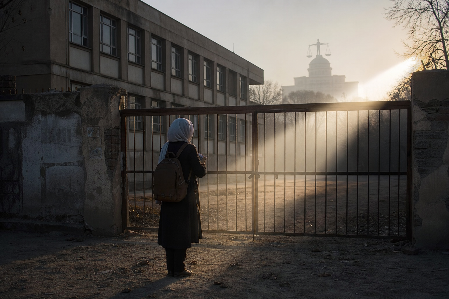 Person wearing a headscarf and backpack stands before a closed gate, with a courthouse visible in the background