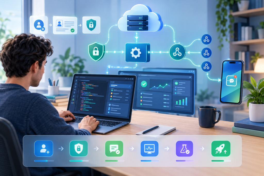 Secure cloud software workflow connecting a developer’s laptop, dashboard, cloud server, and smartphone