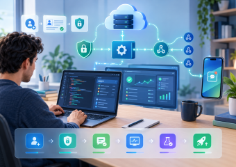 Secure cloud software workflow connecting a developer’s laptop, dashboard, cloud server, and smartphone