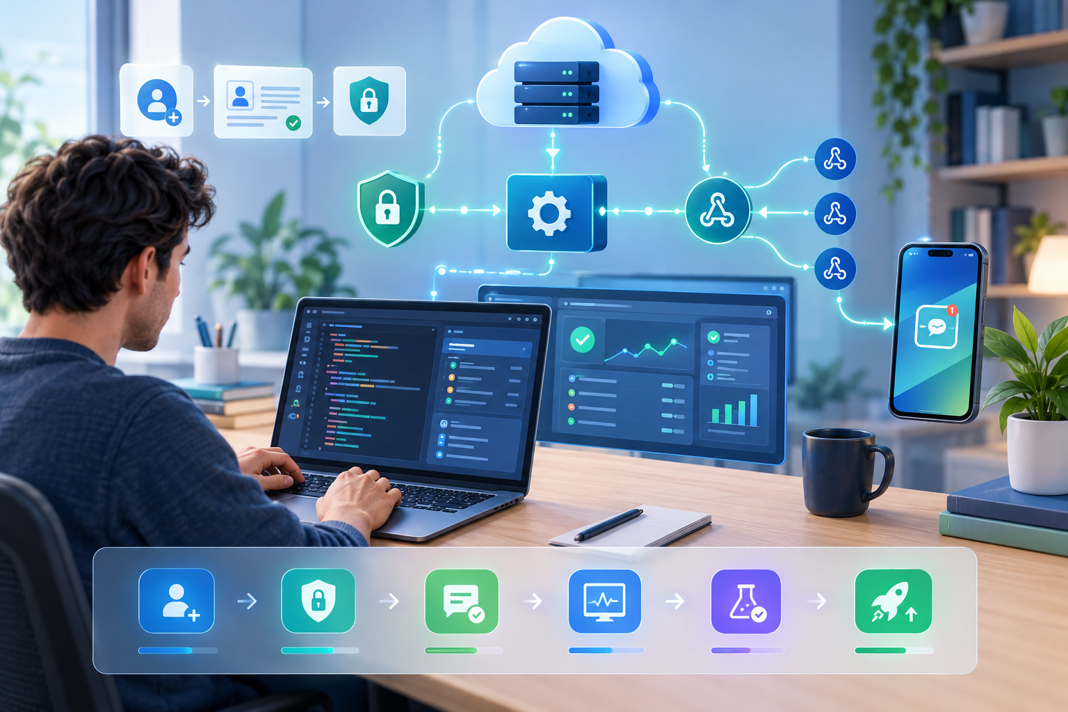 Secure cloud software workflow connecting a developer’s laptop, dashboard, cloud server, and smartphone