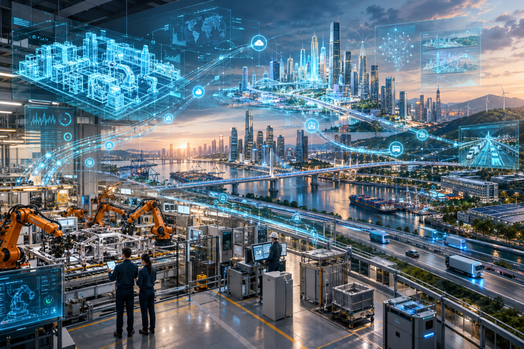 Smart manufacturing facility overlooking a connected city, with robotic assembly lines, digital networks, highways, bridges, and skyscrapers