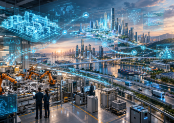 Smart manufacturing facility overlooking a connected city, with robotic assembly lines, digital networks, highways, bridges, and skyscrapers