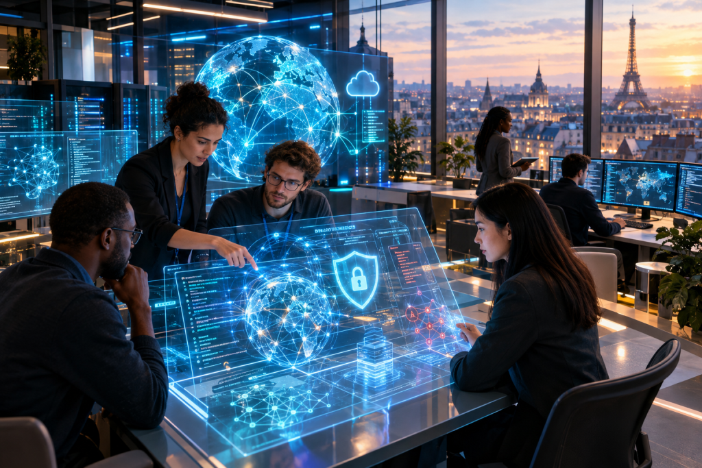 Team collaborating around a holographic cybersecurity and global network display in a Paris office
