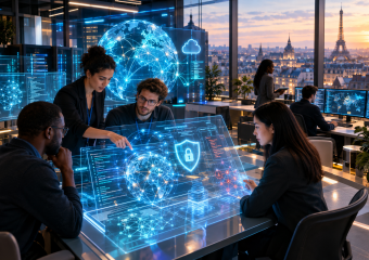 Team collaborating around a holographic cybersecurity and global network display in a Paris office
