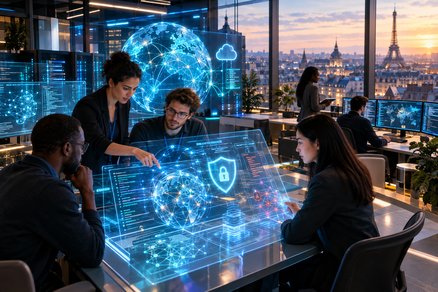 Team collaborating around a holographic cybersecurity and global network display in a Paris office