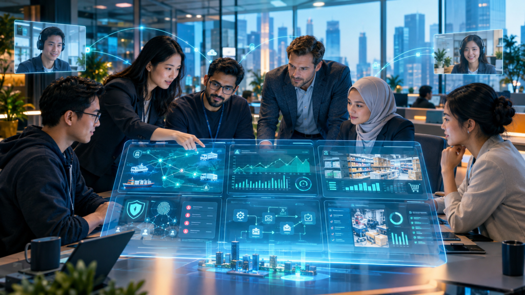 Team of professionals collaborate around a holographic dashboard displaying logistics, analytics, retail, and cybersecurity data