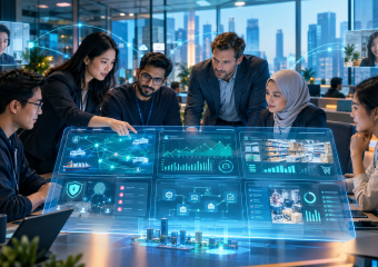 Team of professionals collaborate around a holographic dashboard displaying logistics, analytics, retail, and cybersecurity data