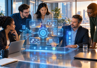 Team of professionals gathered around a holographic AI dashboard displaying analytics, workflows, security, and progress indicators
