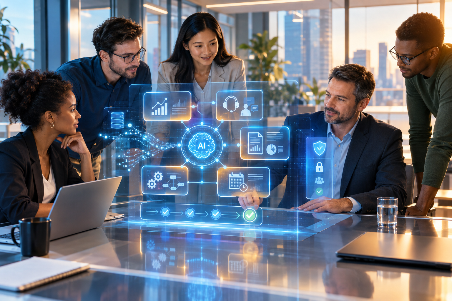 Team of professionals gathered around a holographic AI dashboard displaying analytics, workflows, security, and progress indicators