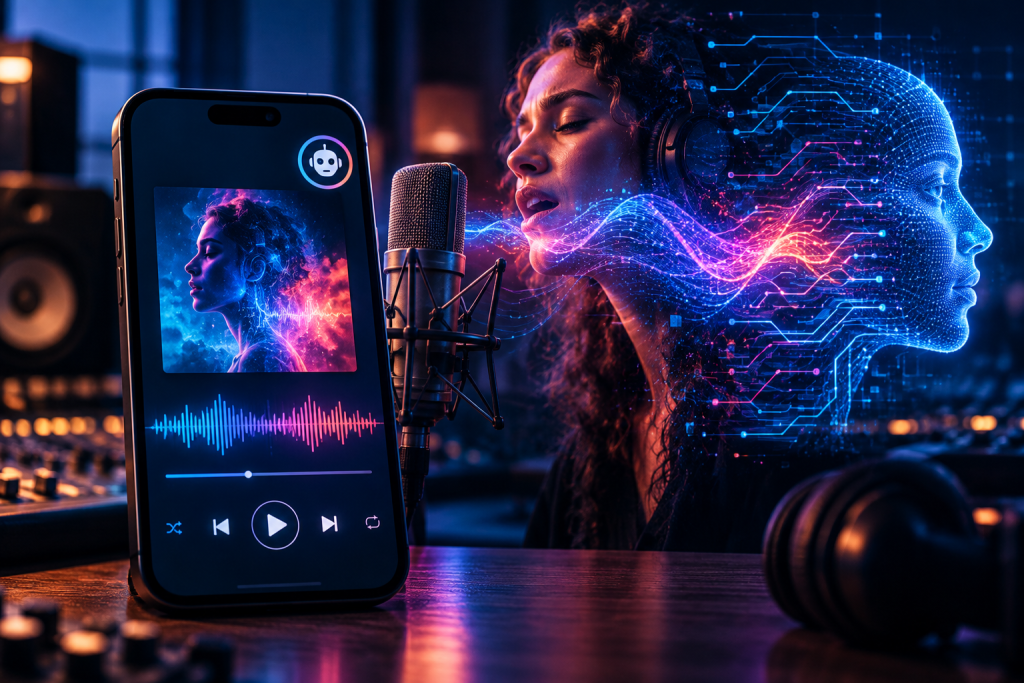 Woman recording vocals into a microphone beside a phone displaying an audio waveform, with a digital head graphic suggesting AI-generated sound