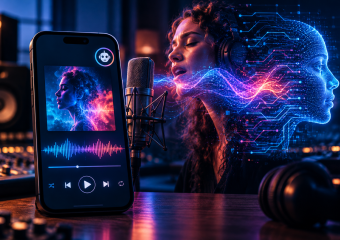 Woman recording vocals into a microphone beside a phone displaying an audio waveform, with a digital head graphic suggesting AI-generated sound