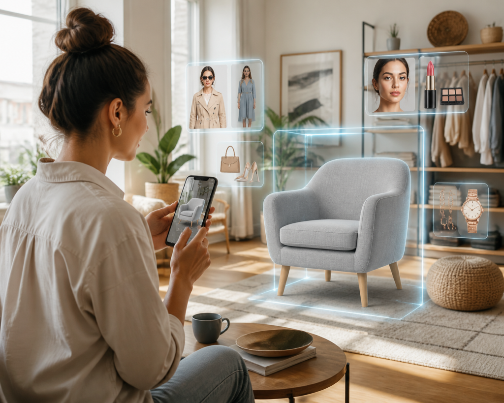 Woman uses a smartphone to preview a gray armchair and browse virtual fashion and accessories in her home