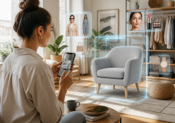 Woman uses a smartphone to preview a gray armchair and browse virtual fashion and accessories in her home